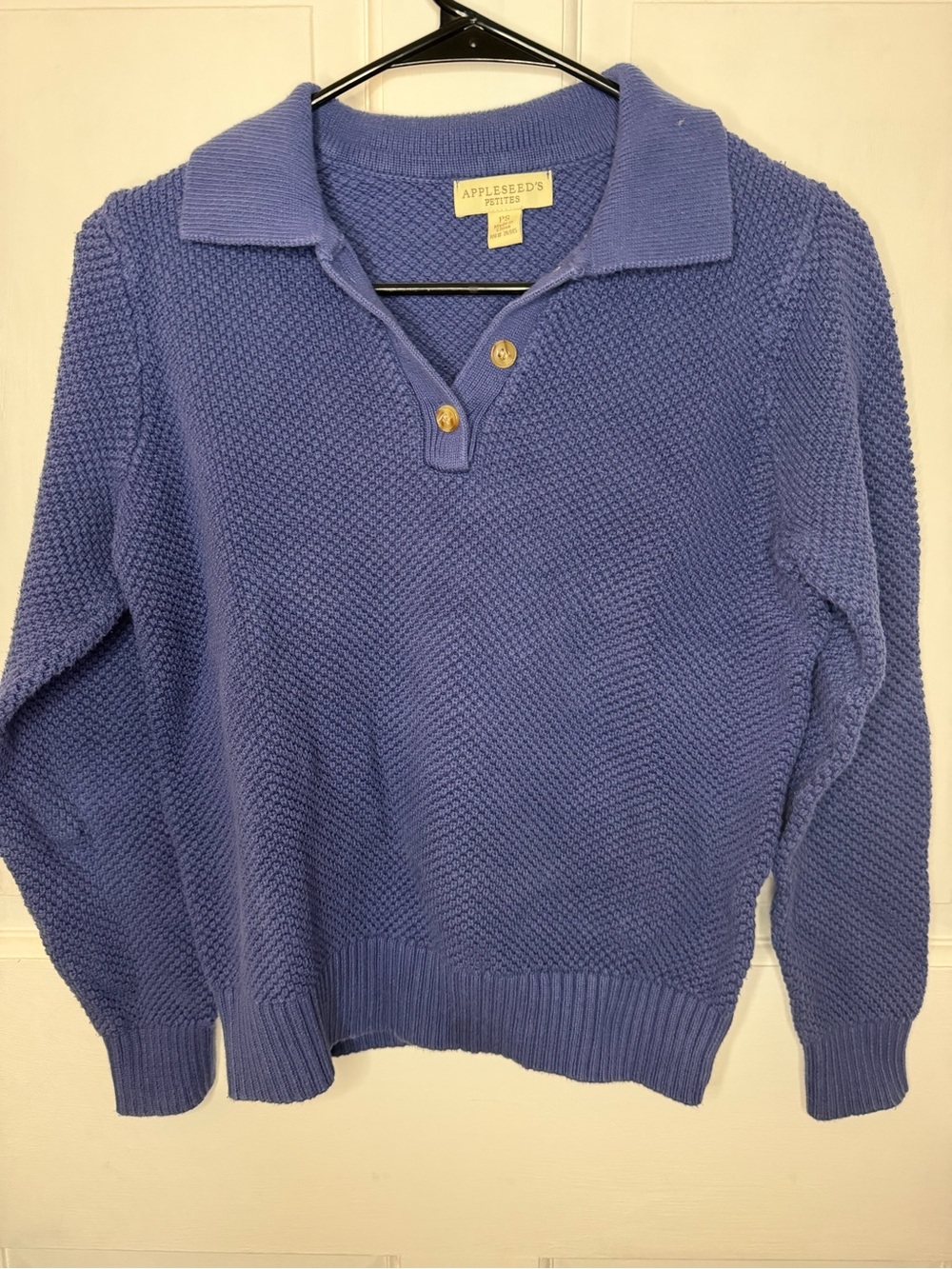 Appleseed's Petite 100% Cotton Waffle Knit Collared 3-Button Blue Pullover